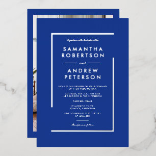 Silberner geometrischer Rahmen Foto Hochzeit blau Folieneinladung