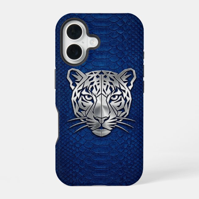 Silberner geometrischer Tiger Blau Schlangenleder  iPhone 16 Hülle (Rückseite)