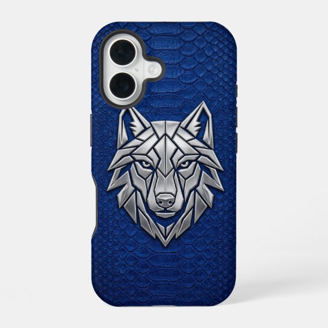Silberner geometrischer Wolf Blaue Schlangenhaut i iPhone 16 Hülle (Rückseite)