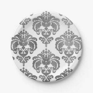 Silberner Glanz & Weißer Damast Vintage Hochzeitsf Pappteller