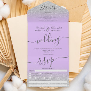 Silberner Glitter-Ombre-Lavendel-Schriftzug zur Ho All In One Einladung