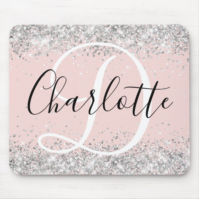Silberner Glitter Rouge Schwarz-Weiß-Monogramm Mousepad (Vorne)