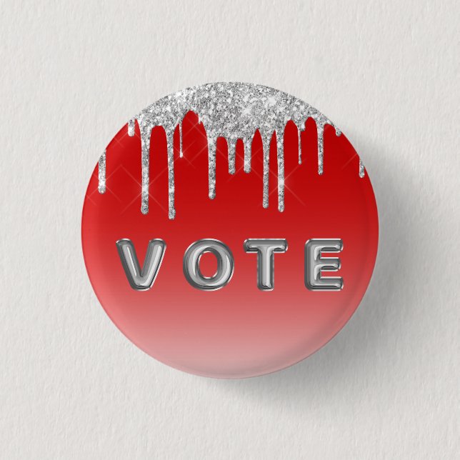 Silberner Glitter-Tropfen auf rotem Hintergrund Ab Button (Vorderseite)