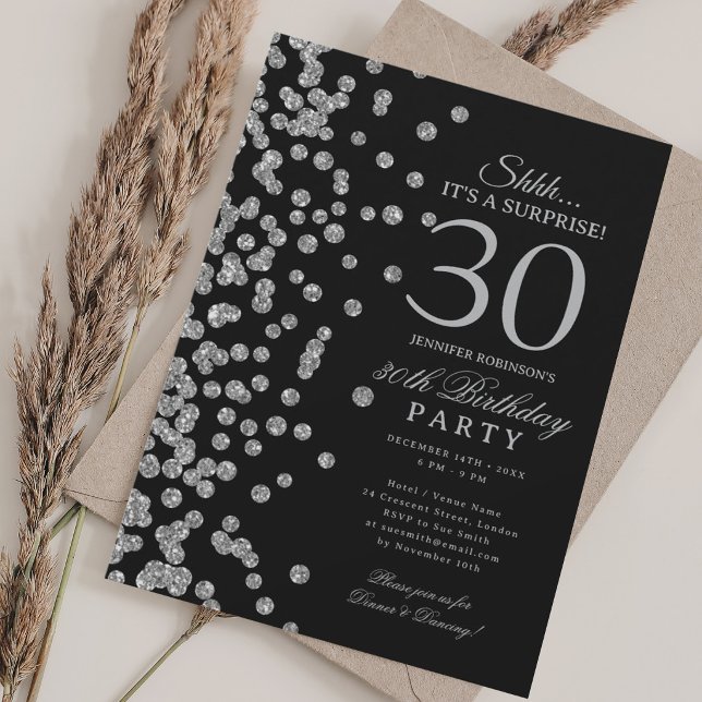 Silberner Glitter-Überraschung 30. Geburtstag Schw Einladung (Silver Glitter Surprise 30th Birthday Black Invitation)