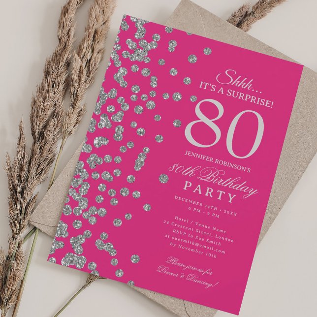 Silberner Glitter-Überraschung 80. Geburtstag Hot  Einladung (Silver Glitter Surprise 80th Birthday Hot Pink Invitation)