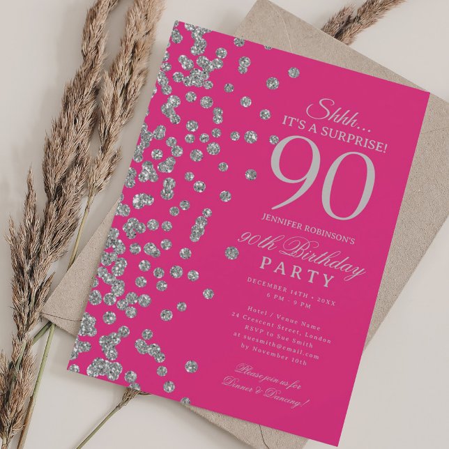 Silberner Glitter-Überraschung 90. Geburtstag Hot  Einladung (Silver Glitter Surprise 90th Birthday Hot Pink Invitation)