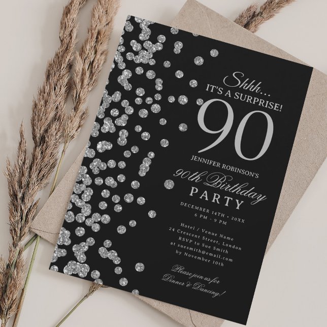 Silberner Glitter-Überraschung 90. Geburtstag Schw Einladung (Silver Glitter Surprise 90th Birthday Black Invitation)