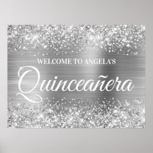 Silberner Glitter und Folie Quinceanera Willkommen Poster