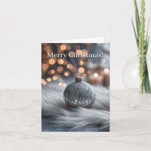 Silberner Glitter-Weihnachtsschmuck auf weißem Fel Feiertagskarte