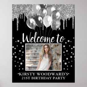 Silberner Glittertropfen mit Luftballons Geburtsta Poster