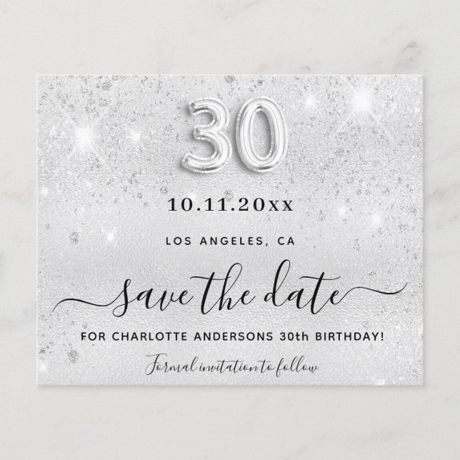 Silberner Glitzer - 30. Geburtstag Save the Date Flyer (Vorne)