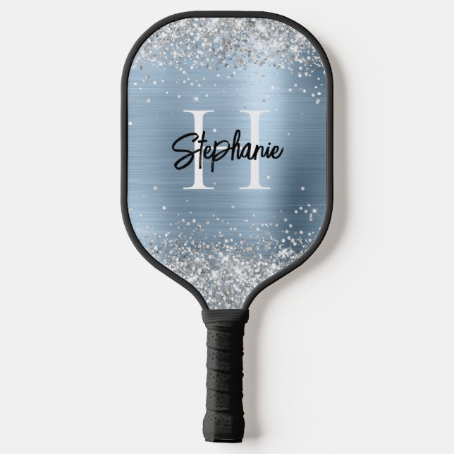 Silberner Glitzer Blassblauer Fohlen Mit Monogramm Pickleball Schläger (Rückseite)