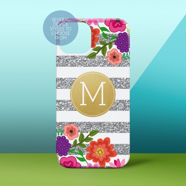 Silberner Glitzer, Blume, Streifen, Goldmonogramm Case-Mate iPhone Hülle (Personalized Phone Case)