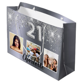 Silberner Glitzer Foto zum 21. Geburtstag Große Geschenktüte