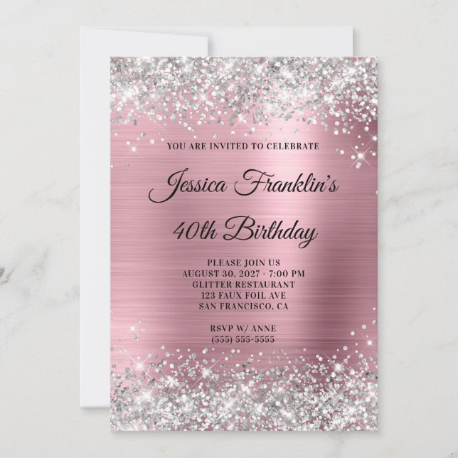 Silberner Glitzer Girly Pink Foil 40. Geburtstag Einladung (Vorderseite)