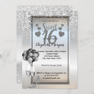 Silberner Glitzer, Glas, Ballons Sweet 16 Party Einladung