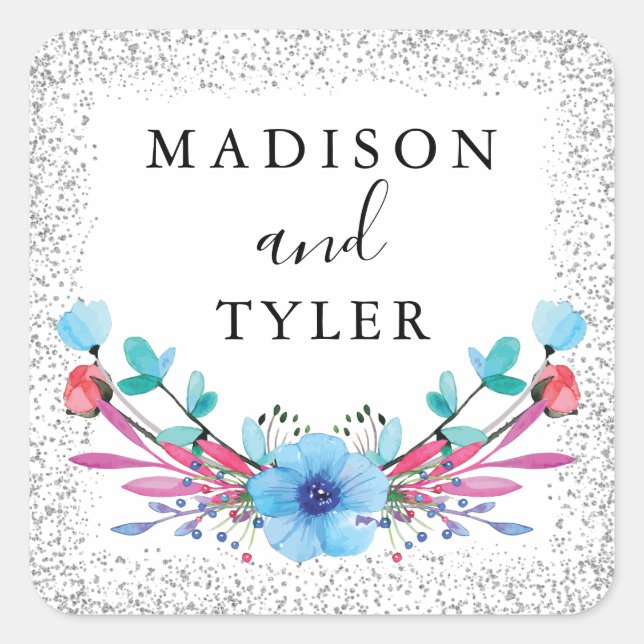 Silberner Glitzer Glitzern Watercolor Blumenstraub Quadratischer Aufkleber (Vorderseite)