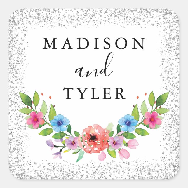 Silberner Glitzer Glitzern Watercolor Blumenstraub Quadratischer Aufkleber (Vorderseite)