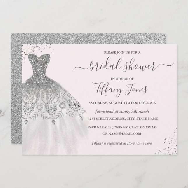 Silberner Glitzer Hochzeitskleid Rosa Brautparty Einladung (Vorne/Hinten)