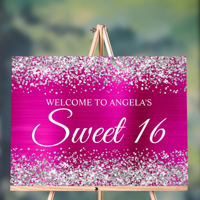 Silberner Glitzer Hot Pink Foil Sweet 16 Acrylschild (Neutral)