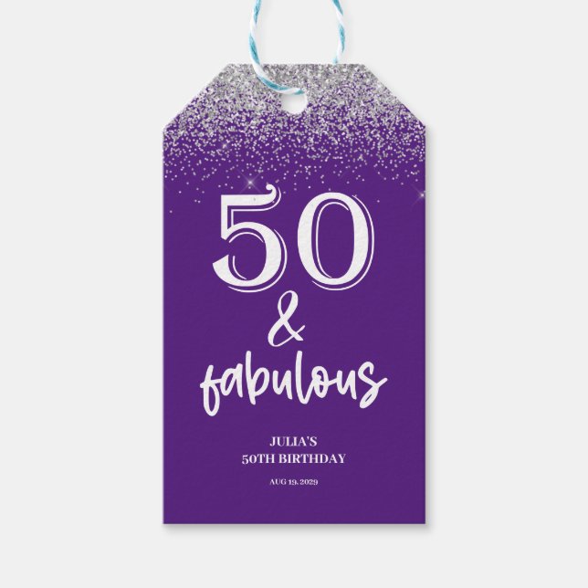 Silberner Glitzer Lila 50. Geburtstag Geschenkanhänger (Vorderseite)