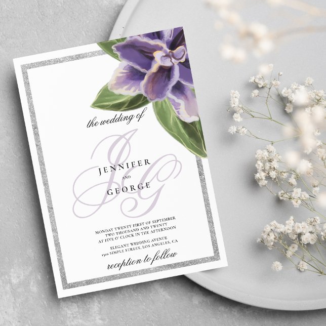 Silberner Glitzer lila Lavendel-Orchideenhochzeit Einladung (Silver glitter purple lavender orchid wedding)