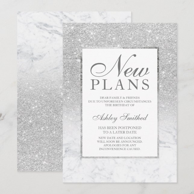 Silberner Glitzer Marmor verschoben neue Pläne Einladung (Vorne/Hinten)