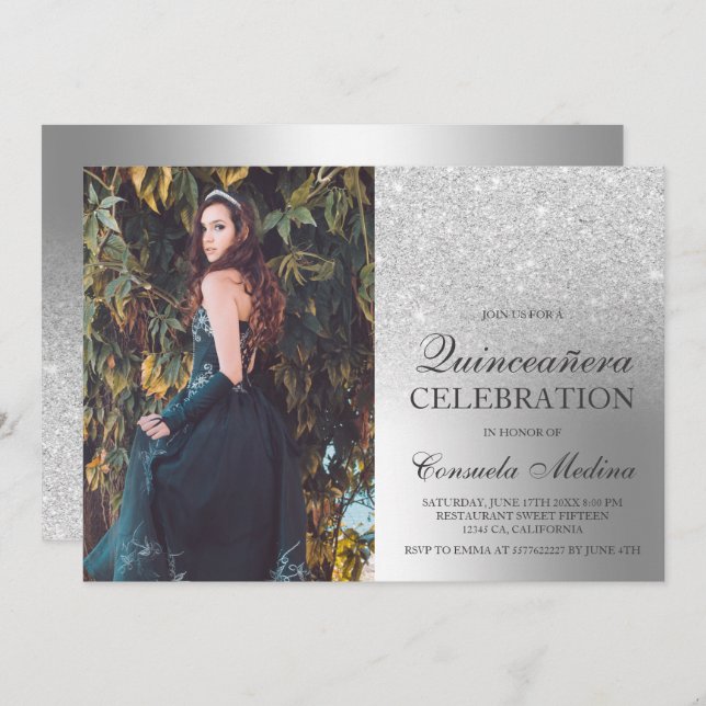 Silberner Glitzer ombre Metallisches Foto Quinceañ Einladung (Vorne/Hinten)