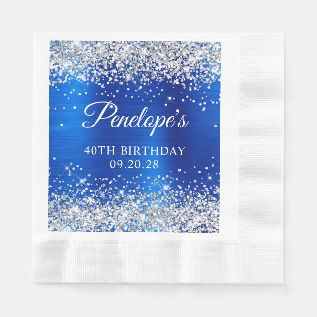 Silberner Glitzer Royal Blue Foil 40. Geburtstag Serviette (Vorderseite)