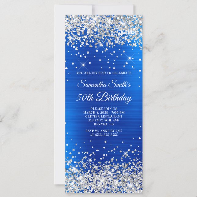 Silberner Glitzer Royal Blue Foil 50. Geburtstag Einladung (Vorderseite)