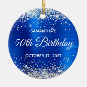 Silberner Glitzer Royal Blue Foil 50. Geburtstag Keramik Ornament
