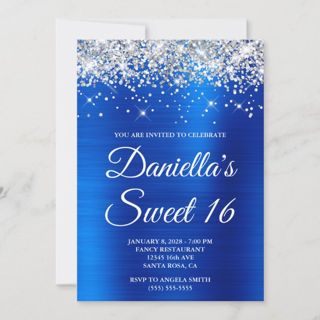 Silberner Glitzer Royal Blue Foil Sweet 16 Einladung (Vorderseite)