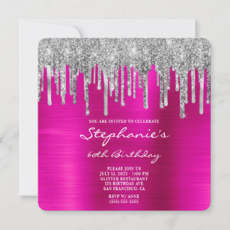 Silberner Glitzer Tropfen Fuchsia Foil 60. Geburts Einladung