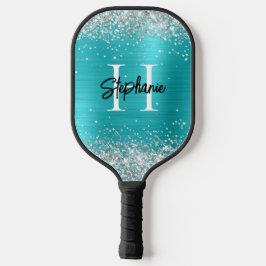 Silberner Glitzer Türkis Blaue Fohle Mit Monogramm Pickleball Schläger