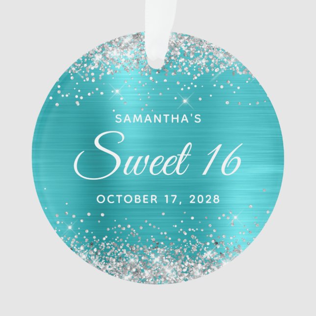 Silberner Glitzer Türkis Blaue Folie Süße 16 Ornament (Vorderseite)