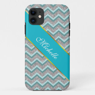 Silberner Glitzer und Aquamarines ZigZag iPhone 11 Hülle