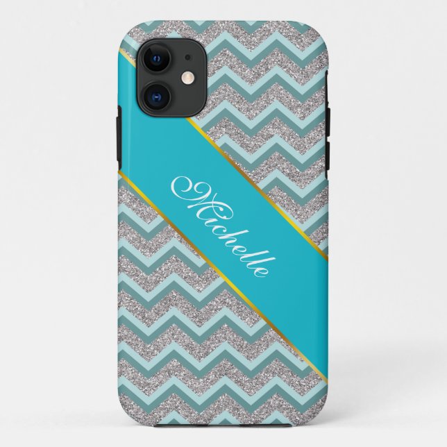 Silberner Glitzer und Aquamarines ZigZag Case-Mate iPhone Hülle (Rückseite)