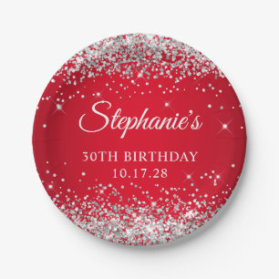 Silberner Glitzer und Rot 30. Geburtstag Pappteller