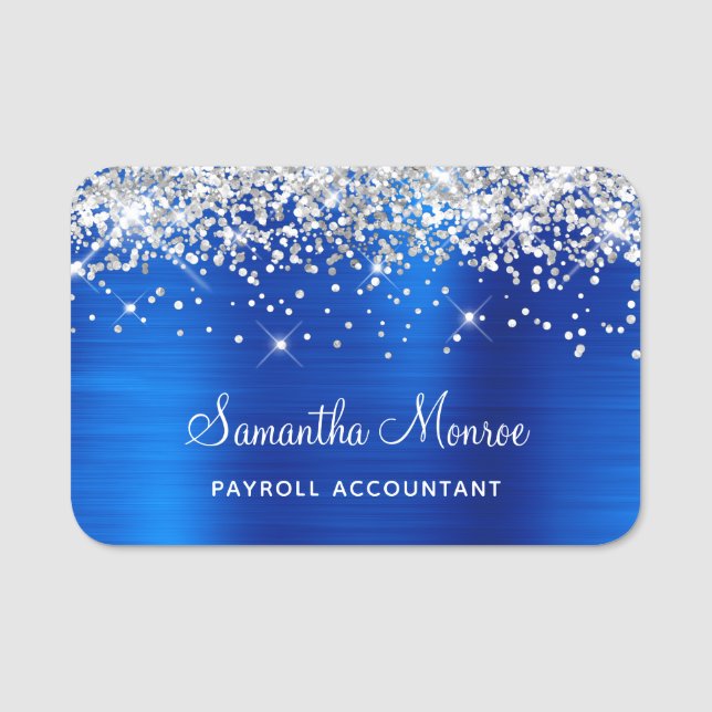 Silberner Glitzer und Royal Blue Foil Namensschild (Vorderseite)