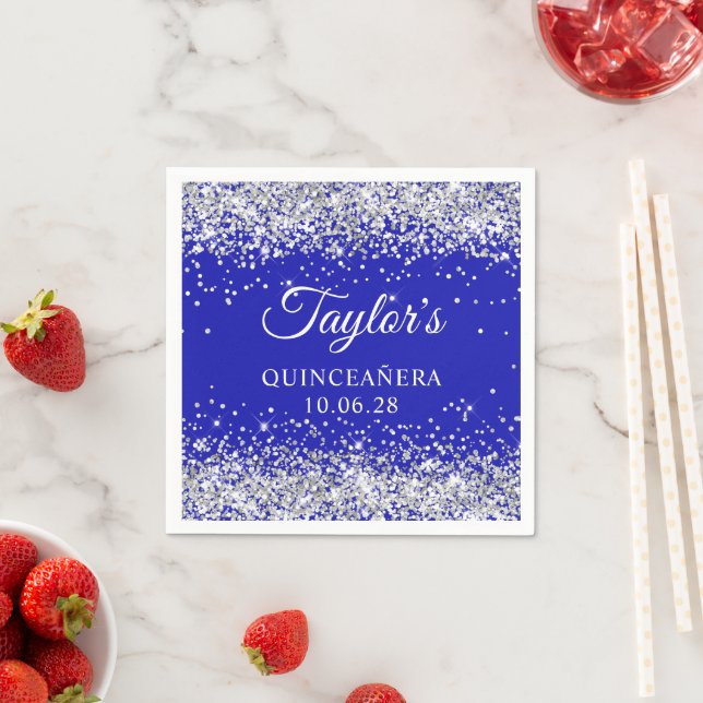 Silberner Glitzer und Royal Blue Quinceñera Serviette (Beispiel)