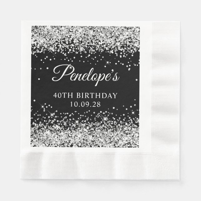 Silberner Glitzer und Schwarz 40. Geburtstag Serviette (Vorderseite)