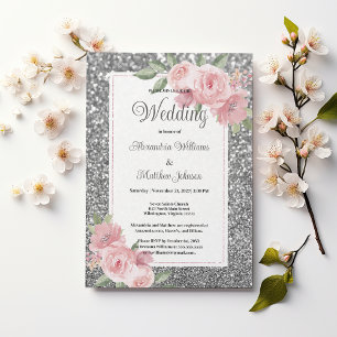 Silberner glitzernder Glitter rosa floral Hochzeit Einladung