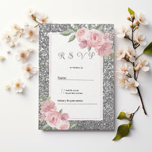 Silberner glitzernder Glitter rosa floral RSVP Einladung