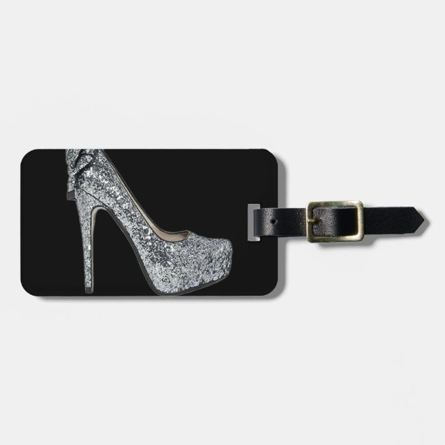 Silberner hoher Heels Customize addiert Text Gepäckanhänger (Vorderseite horizontal)