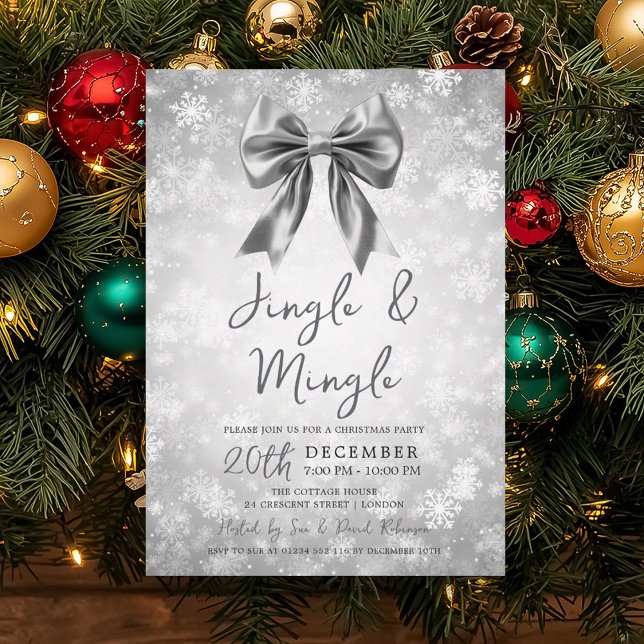 Silberner Jingle Mingle Weihnachtsfeier Bogen Schn Einladung (Silver Jingle Mingle Christmas Party Bow Snow Invitation)