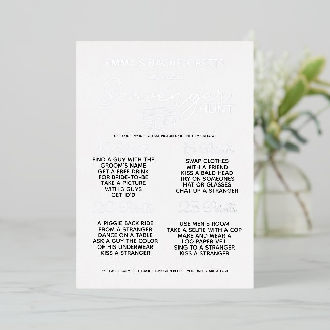 Silberner Junggeselinnen-Abschied Scavenger Jagdsp Folieneinladung (Stehend vorne)