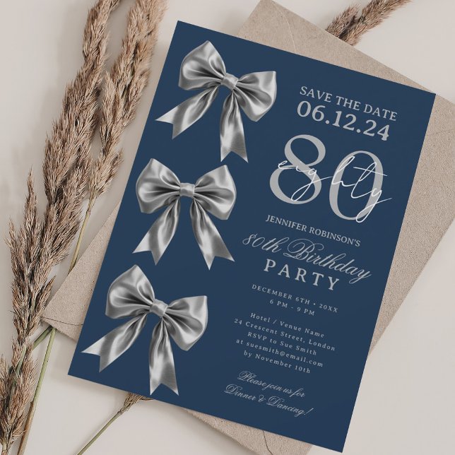 Silberner Koketten-Bogen Save Date 80. Geburtstag  Einladung (Silver Coquette Bow Save Date 80th Birthday Navy Invitation)