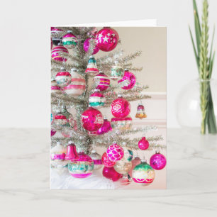 Silberner Lametta-Baum mit vintage Weihnachtsschmu Karte