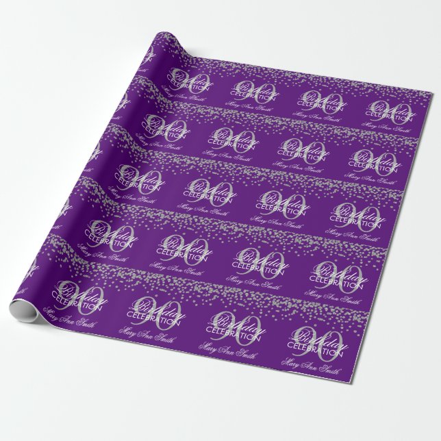 Silberner lila 90. Geburtstags-GlitzerConfetti Geschenkpapier (Ungerollt)