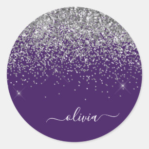 Silberner Lila Glitter Mädchen Monogramm Name Runder Aufkleber
